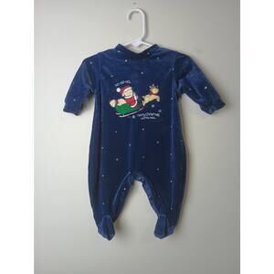 Vtg Santa Reindeer Slay Xmas Fleece Sleeper Small Steps Infant‎ 0-3M Snaps Blue